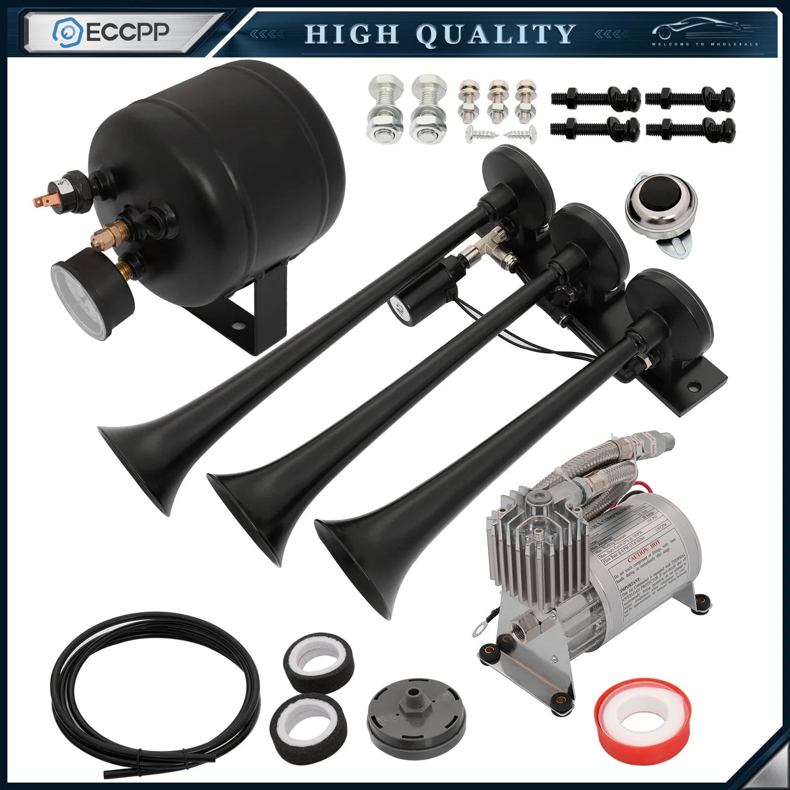 12V Triple Train Air Horn Compressor Tank Kit For Car Train Trucks Vans Ship 6B93BC-57 [1]