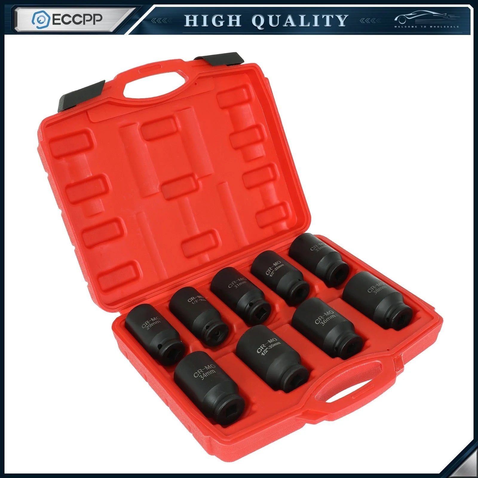 1/2" Deep Impact Socket Set Drive Metric Axle Hub Nut Socket 29-38mm 6-Point 9PC 6B93BC-57 [1]