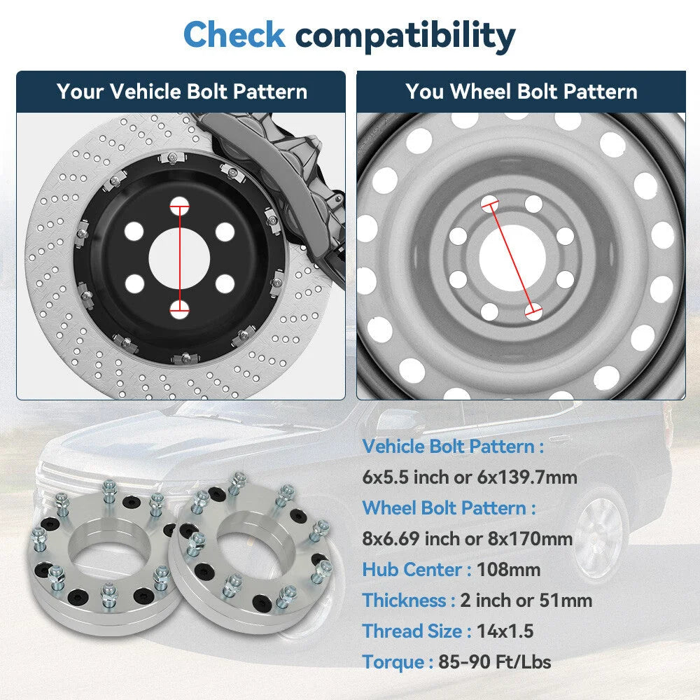 2P 2" 6x5.5 to 8x170 Wheel Adapters 14x1.5 For Chevy 6 Lug Convert to Ford 8 Lug KOEEP [2]