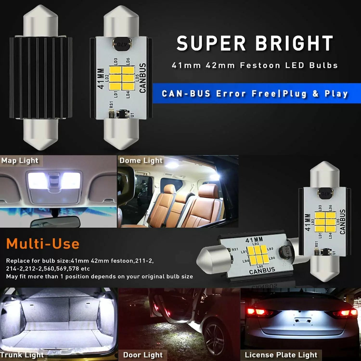 2X AUXITO 578 212-2 41MM Super White LED Interior Dome Map Light Bulbs For Ford AUXITO [2]