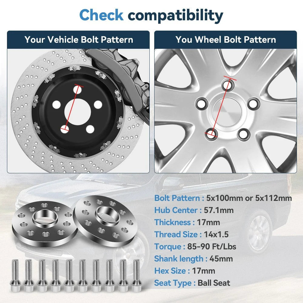 2 Pcs 17mm 5x100 or 5x112 Hub Centric Wheel Spacers 14x1.5 For Volkswagen Audi KOEEP [2]