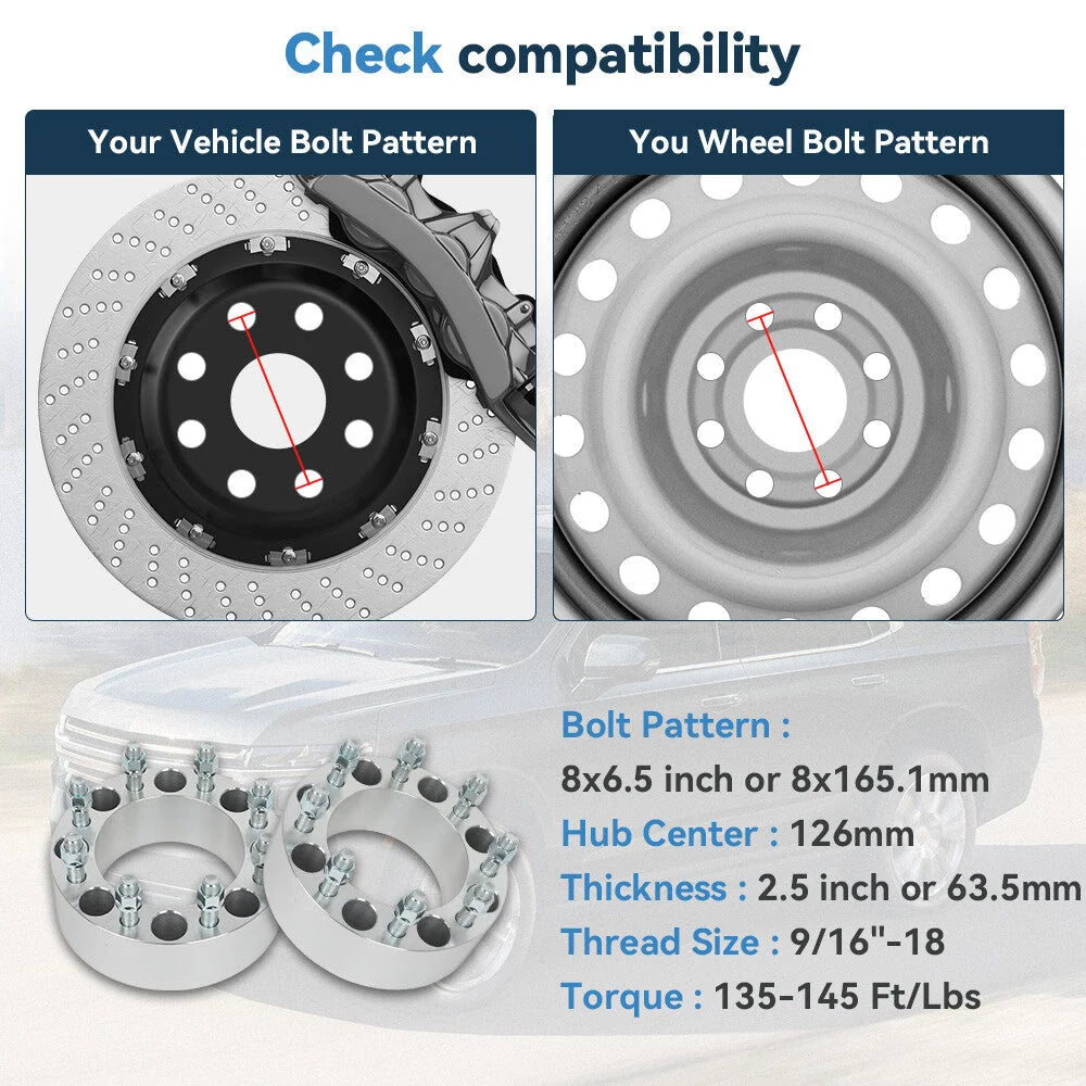 2 Pcs 2.5" 8x6.5 Wheel Spacers 9/16"-18 For Ford F-250 F-350 Dodge Ram 2500 3500 6B93BC-57 [2]