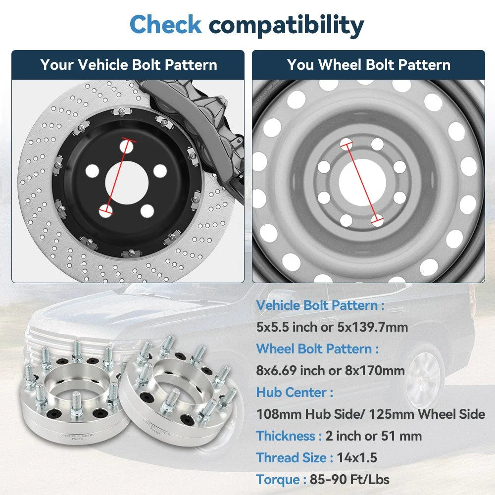 2 Pcs 2" 5x5.5 to 8x170 Wheel Adapters 14x1.5 For Ram 1500 5 Lug to 8 Lug Wheels KOEEP [2]