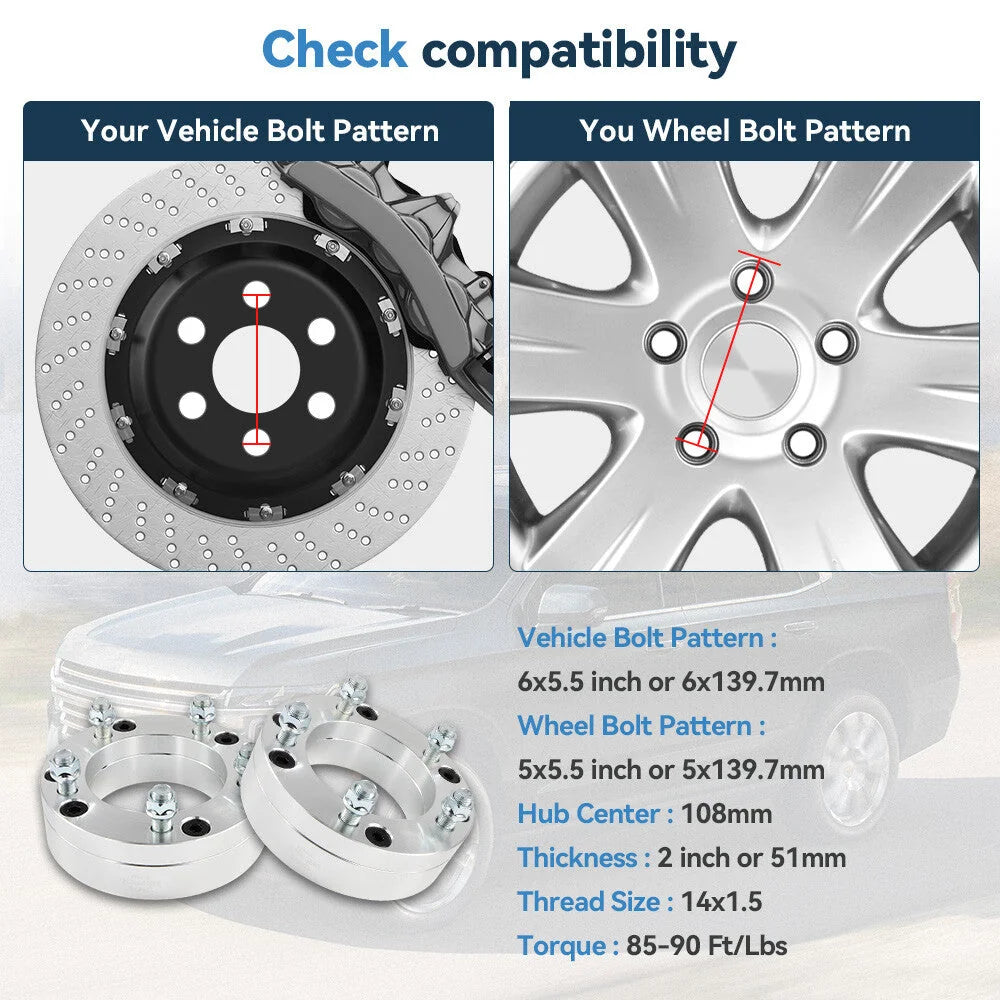 2 Pcs 2" 6x5.5 to 5x5.5 Wheel Adapters 14x1.5 For Chevy Ram 6 Lug to 5 Lug Wheel 6B93BC-57 [2]