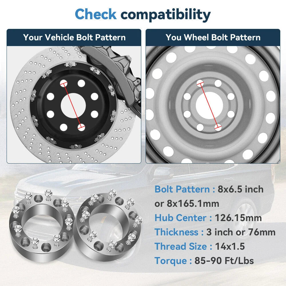2 Pcs 3" 8x6.5 Wheel Spacers 14x1.5 For Chevy Silverado GMC Sierra 2500 3500 HD KOEEP [2]