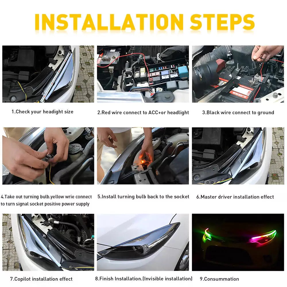 2 x 60CM Slim Amber Sequential Flexible LED DRL Turn Signal Strip For Headlight 6B93BC-57 [9]