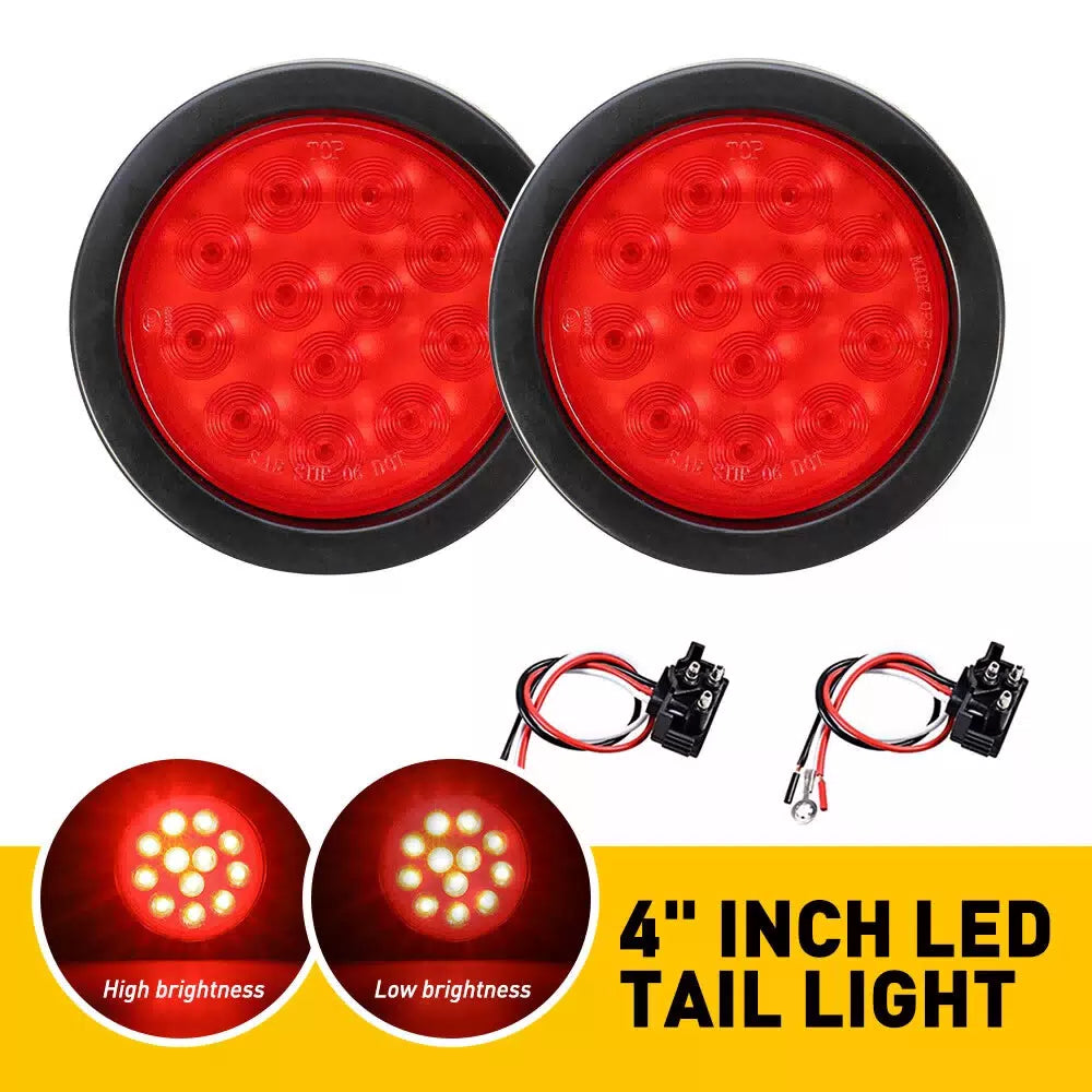 2x Red LED 4" Round Truck Trailer Tail Stop Turn Brake Lights Chrome Grommet EOA 6B93BC-57 [1]