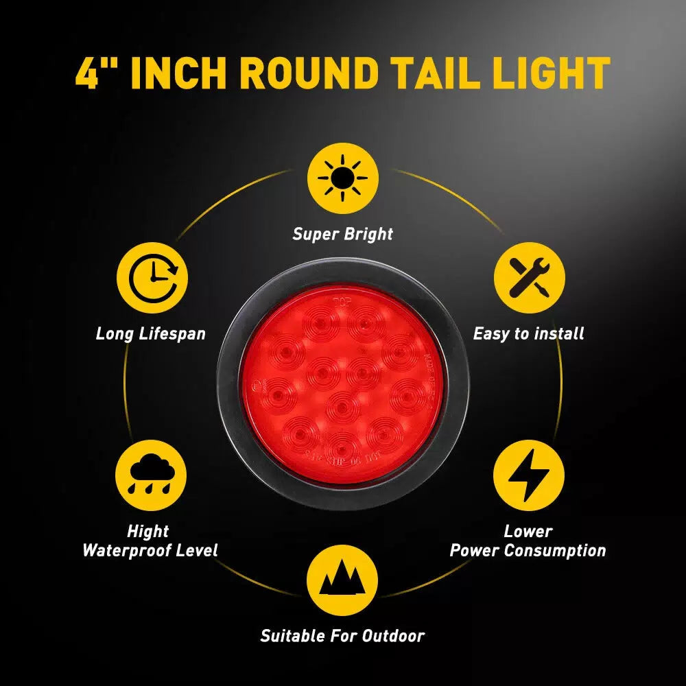 2x Red LED 4" Round Truck Trailer Tail Stop Turn Brake Lights Chrome Grommet EOA 6B93BC-57 [3]