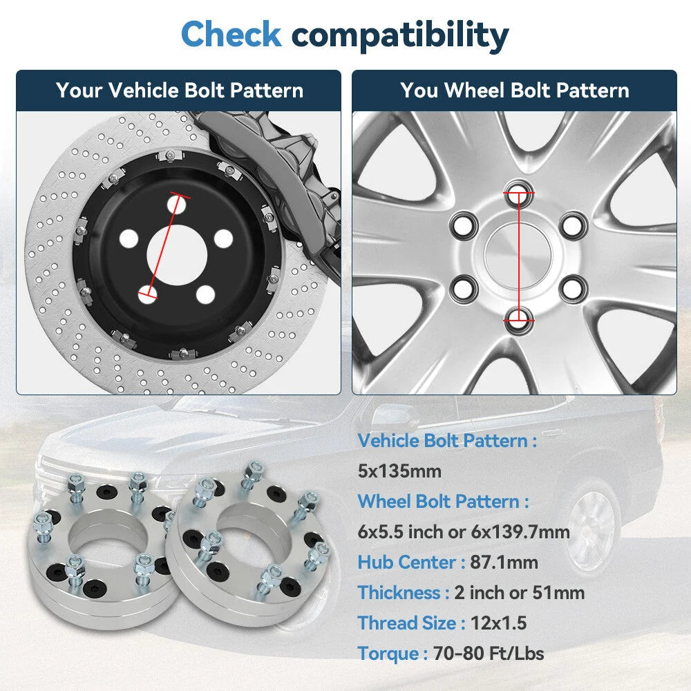 4Pcs 2" 5x135 to 6x5.5 Wheel Adapters 12x1.5 For Ford F-150 5 Lug to 6 Lug Wheel 6B93BC-57 [2]