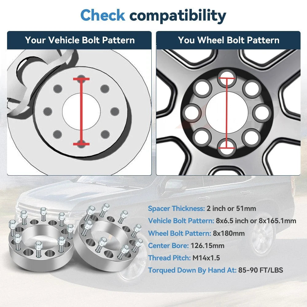4 Pcs 8x6.5 to 8x180 2 inch Wheel Adapters 14x1.5 For Chevy GMC 8x165.1 to 8x180 6B93BC-57 [2]