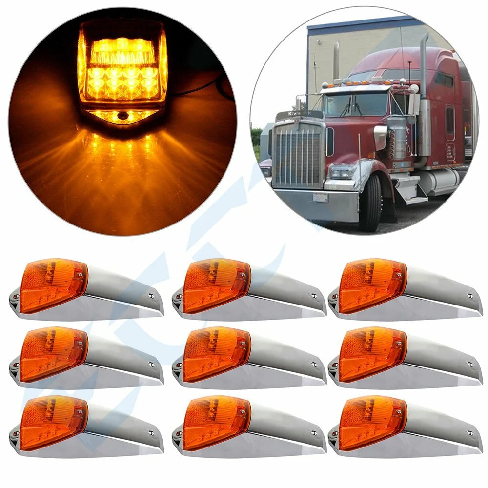 9x 17 LED Yellow Cab Roof Clearance Lights w/Chrome for Peterbilt Kenworth Mack 6B93BC-57 [1]