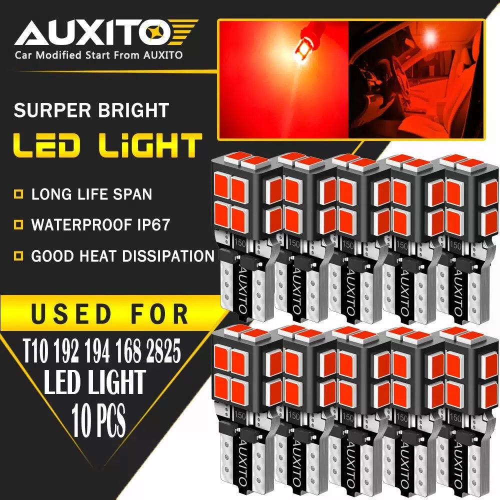 AUXITO 10X LED Parking Light Bulbs 168 194 2825 T10 Wedge Canbus Super Red EOA AUXITO [1]