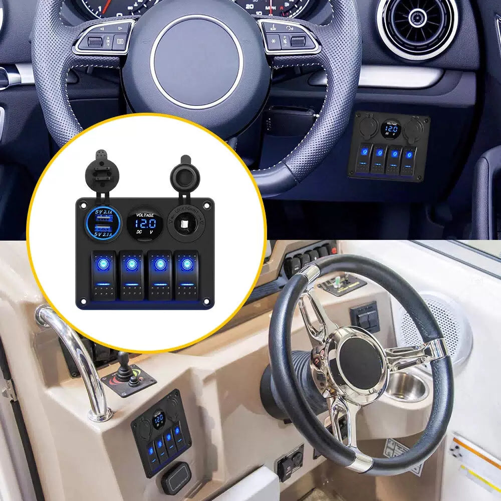 Blue LED 4 Gang Toggle Rocker Switch Panel USB for Car Boat Marine RV Truck EOA 6B93BC-57 [11]