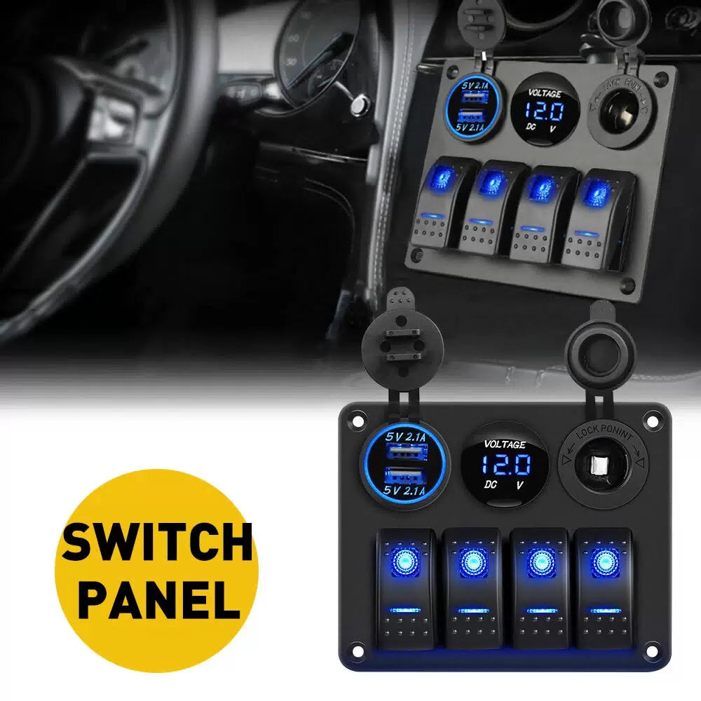 Blue LED 4 Gang Toggle Rocker Switch Panel USB for Car Boat Marine RV Truck EOA 6B93BC-57 [1]