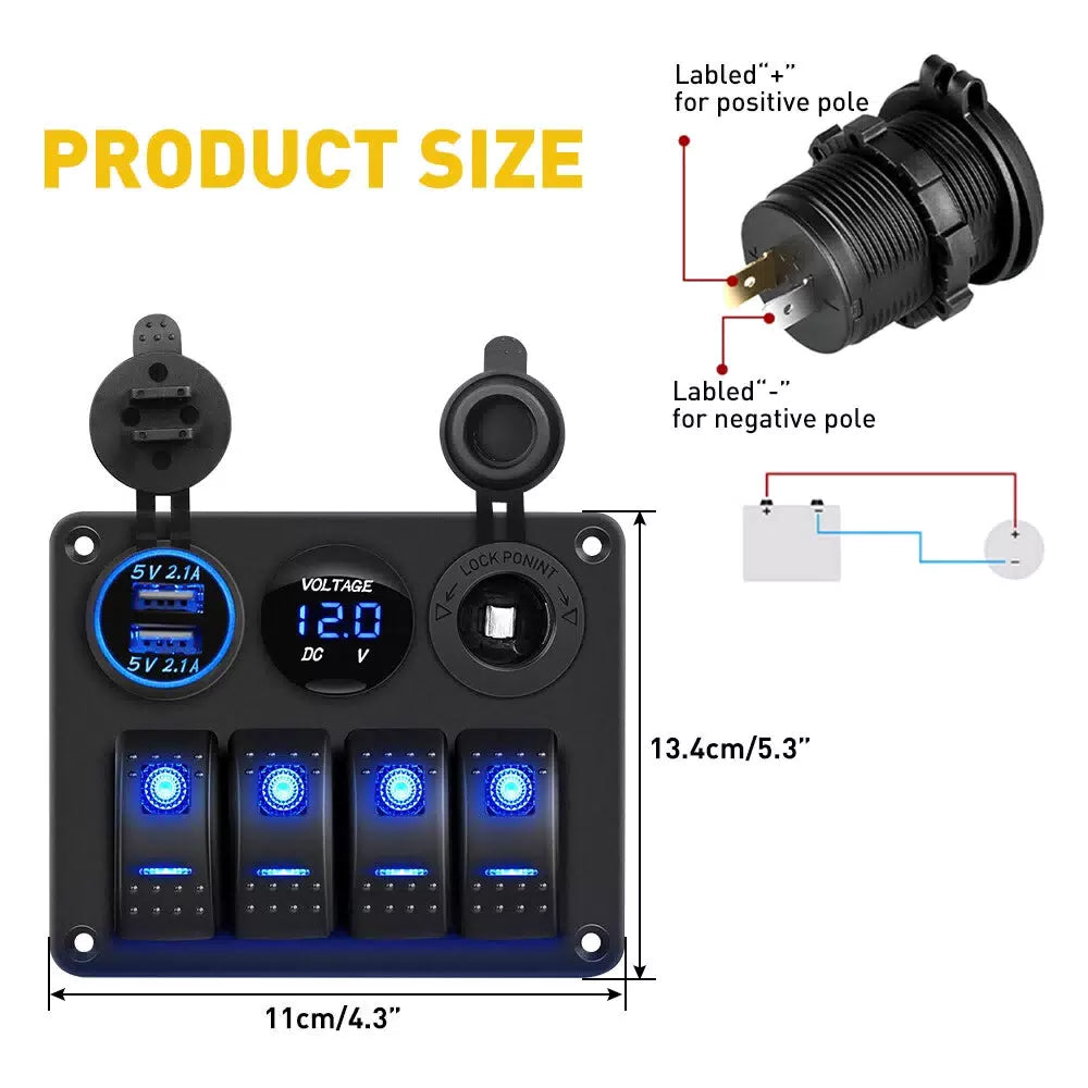 Blue LED 4 Gang Toggle Rocker Switch Panel USB for Car Boat Marine RV Truck EOA 6B93BC-57 [2]