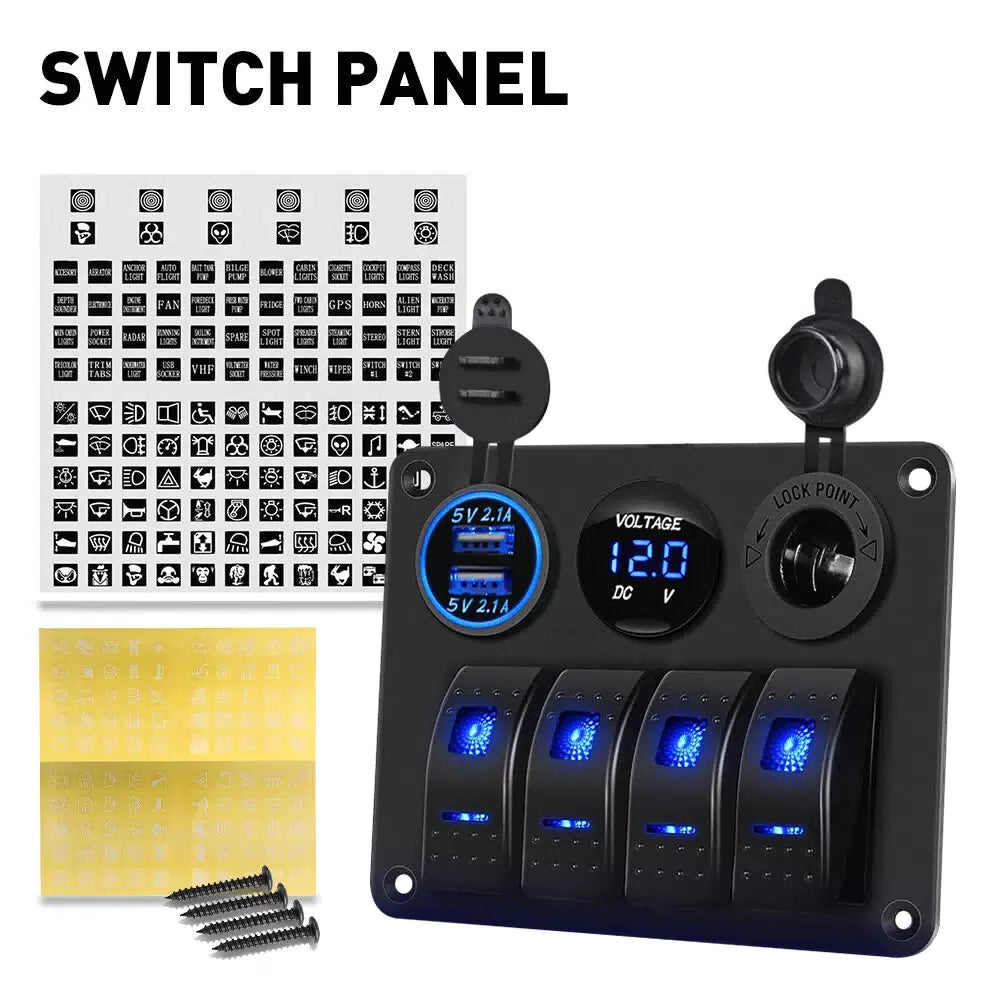 Blue LED 4 Gang Toggle Rocker Switch Panel USB for Car Boat Marine RV Truck EOA 6B93BC-57 [5]