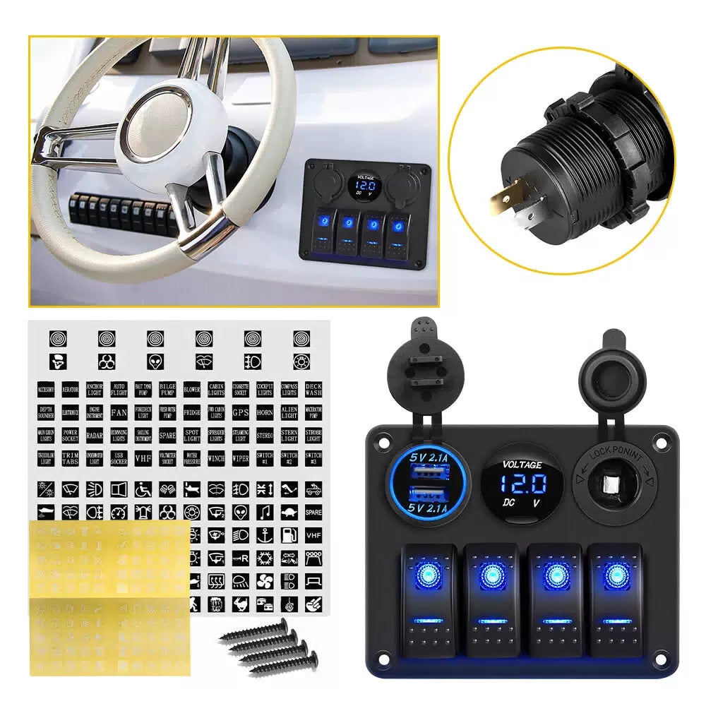 Blue LED 4 Gang Toggle Rocker Switch Panel USB for Car Boat Marine RV Truck EOA 6B93BC-57 [7]