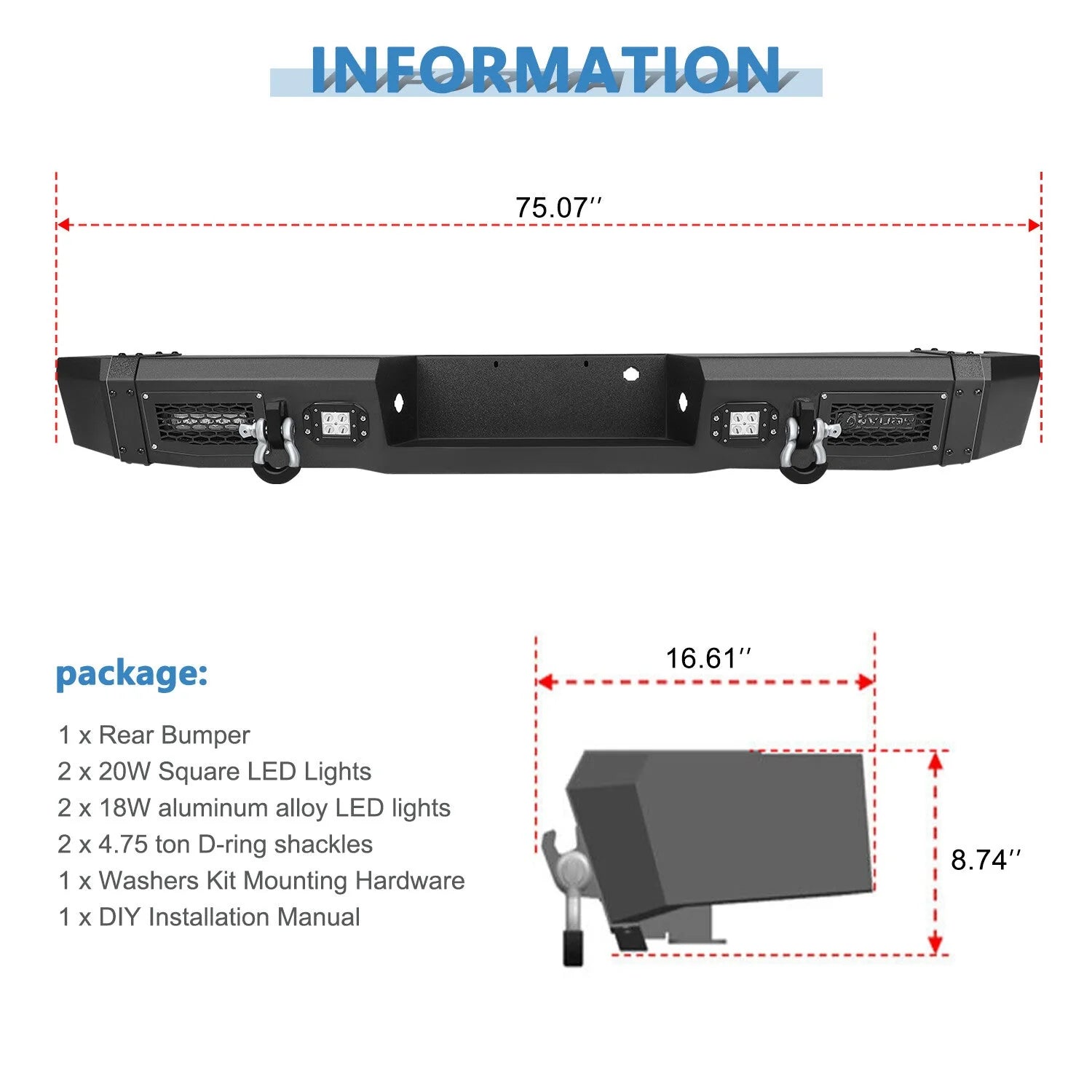 ECCPP Rear Bumper w/ 4x LED Lights&D-rings for 2009-2014 Ford F150 SVT Raptor ECCPP [4]