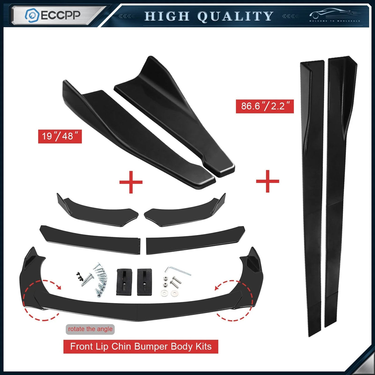 Front Rear Bumper Lip Spoiler Diffuser + Side Skirt Splitter Extension Universal 6B93BC-57 [1]
