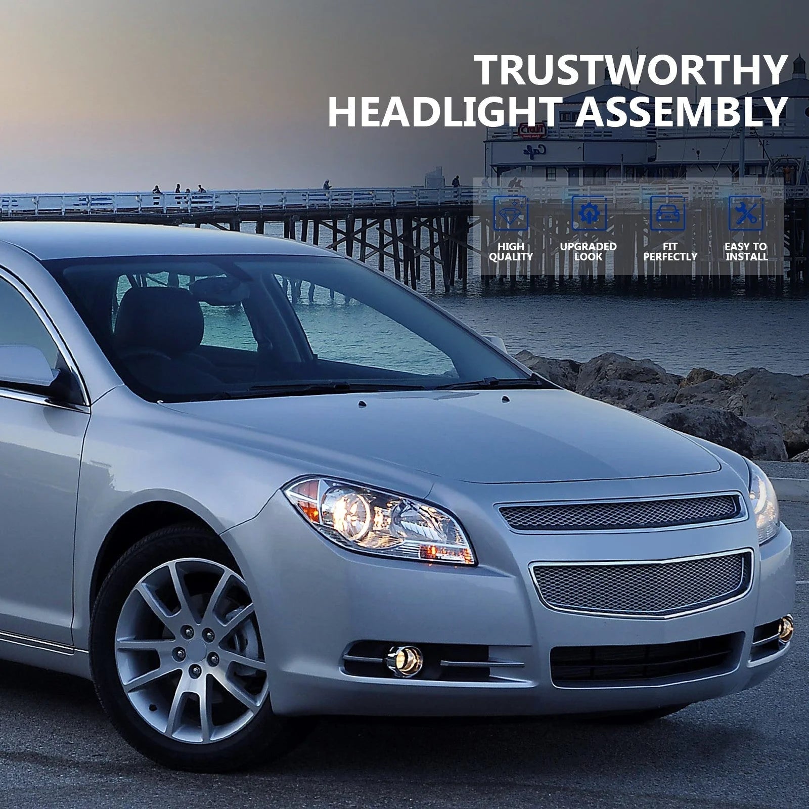 Headlight Assembly Pair for Chevy Malibu 2008-2012 Headlamp Chrome Housing 6B93BC-57 [7]