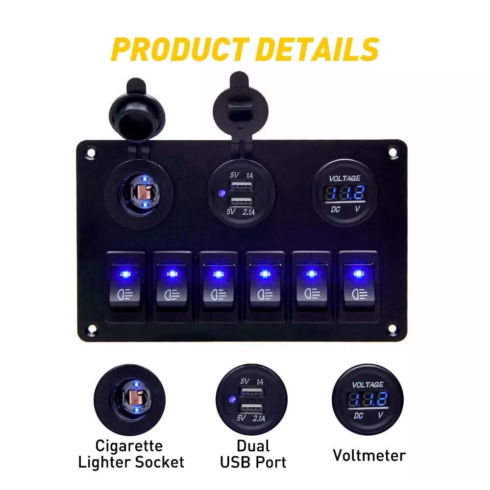 Marine Boat 6-Gang Waterproof Circuit Blue Rocker LED Switch Panel Breaker EOA 6B93BC-57 [2]