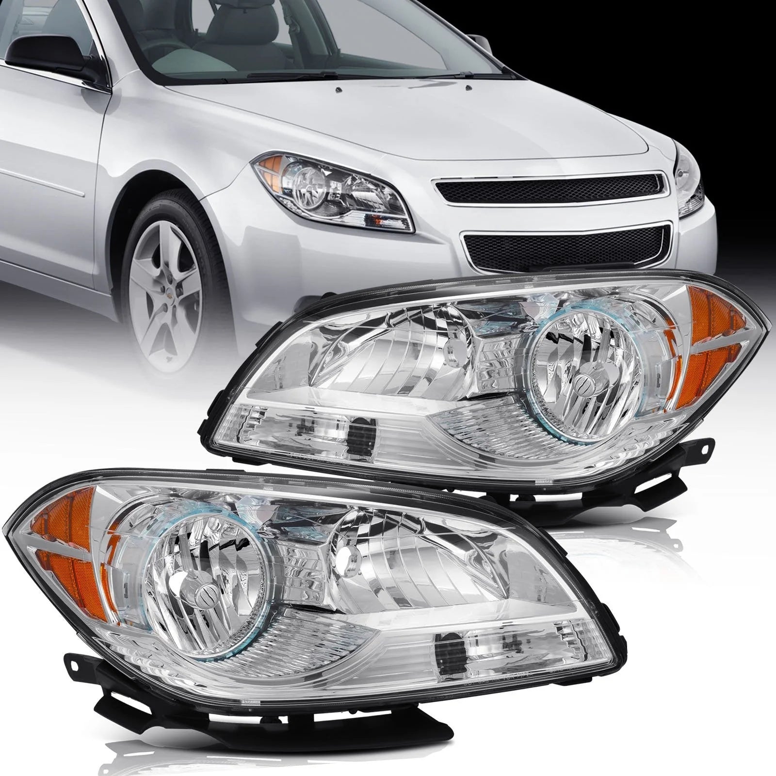 Pair Kit Halogen Headlights Assembly For 2008-2012 Chevrolet Malibu Chrome Amber KOEEP [1]