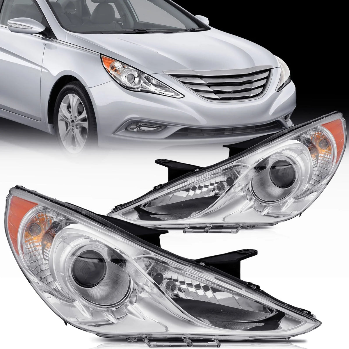 Pair Kit Headlights Assembly For 2011-2014 Hyundai Sonata 2.0L 2.4L Chrome Amber 6B93BC-57 [1]