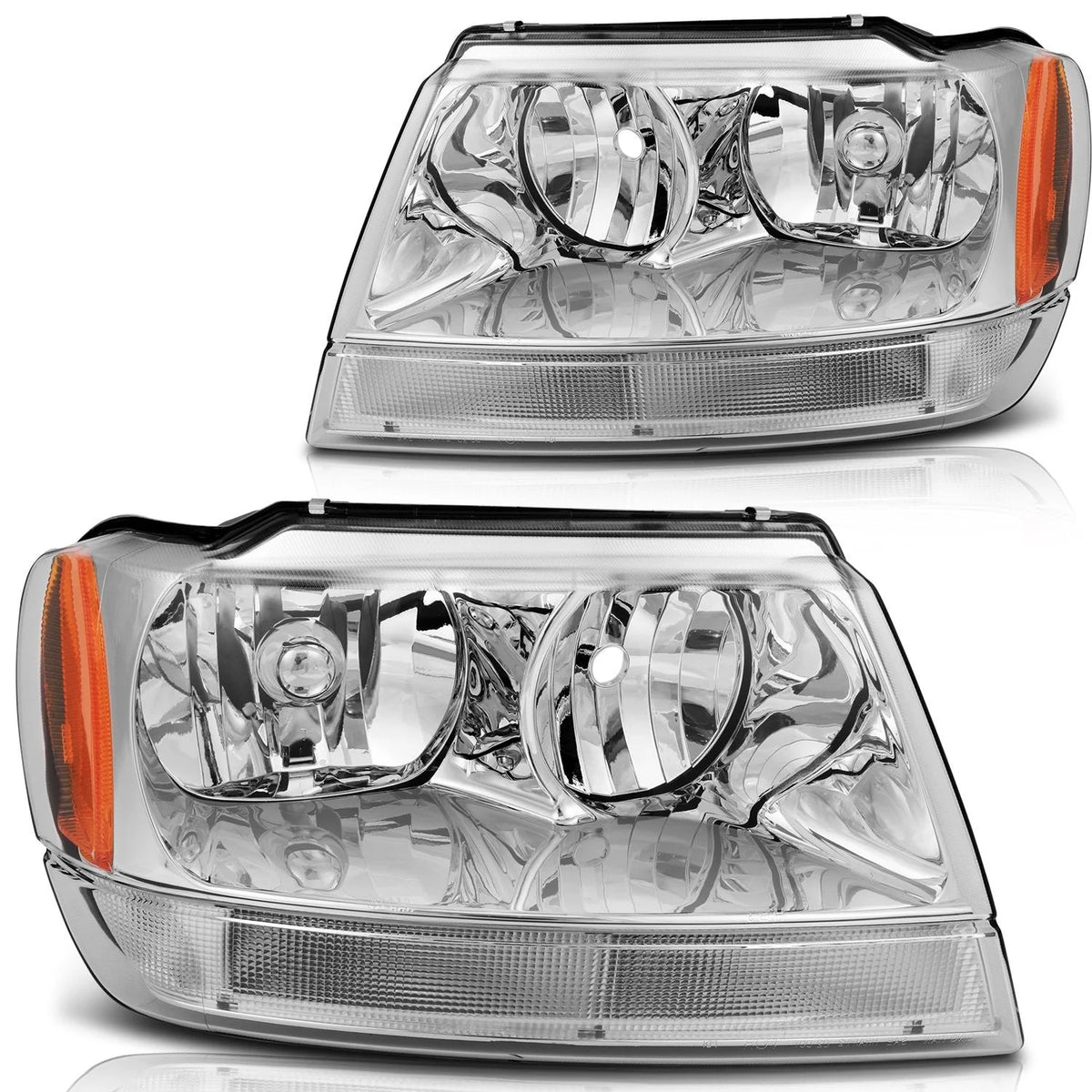 Pair Kit Headlights For 1999-2004 Jeep Grand Cherokee 4.0L 4.7L Chrome Amber 6B93BC-57 [1]