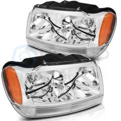 Pair Kit Headlights For 1999-2004 Jeep Grand Cherokee 4.0L 4.7L Chrome Amber 6B93BC-57 [2]