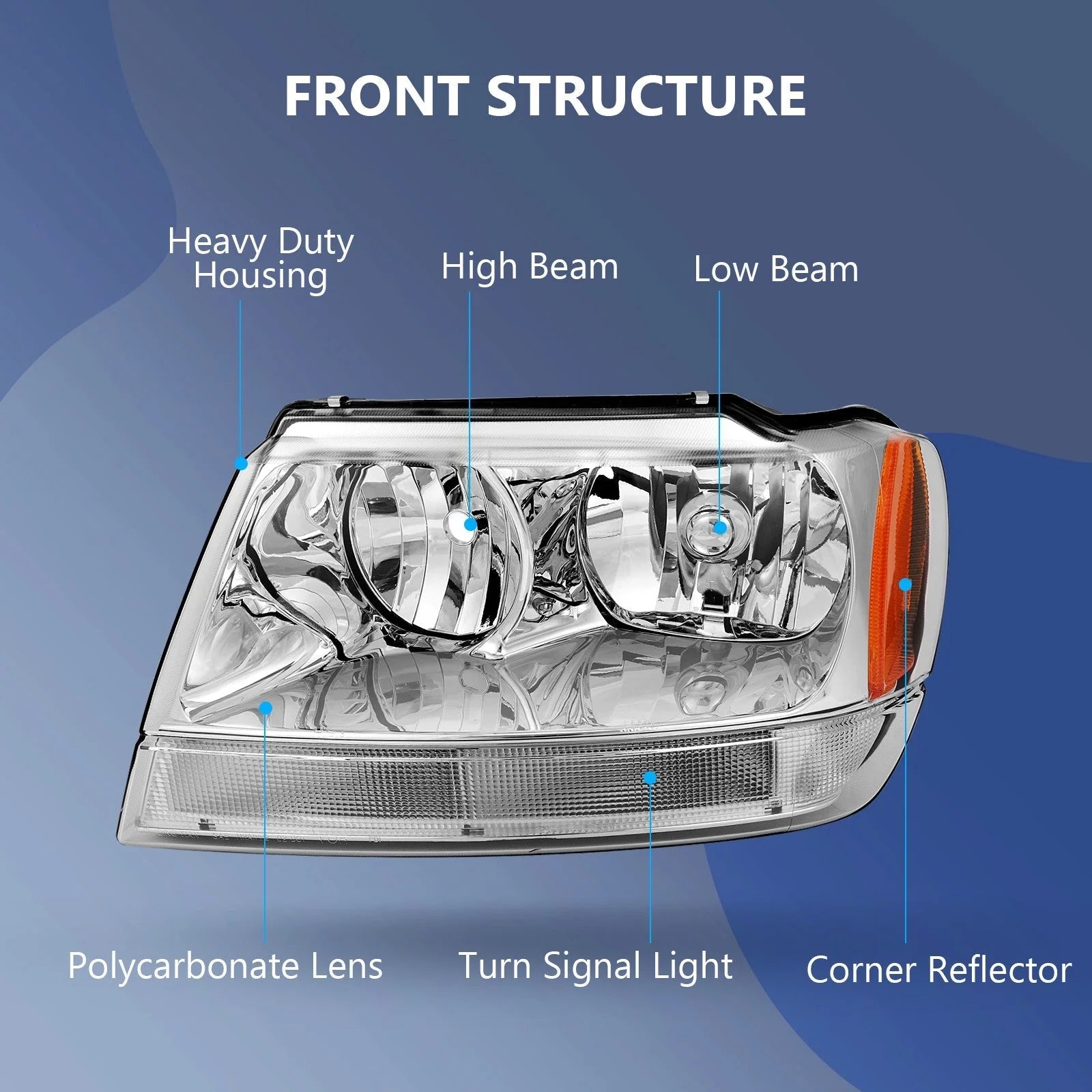 Pair Kit Headlights For 1999-2004 Jeep Grand Cherokee 4.0L 4.7L Chrome Amber 6B93BC-57 [3]