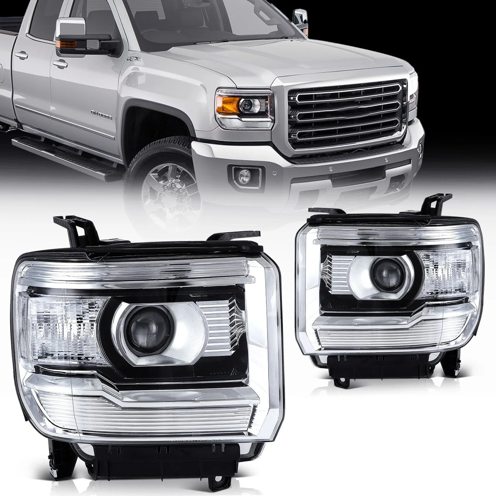 Pair Kit Headlights For 2015-2019 2500HD 3500HD 2014-2015 GMC Sierra 1500 Chrome 6B93BC-57 [1]