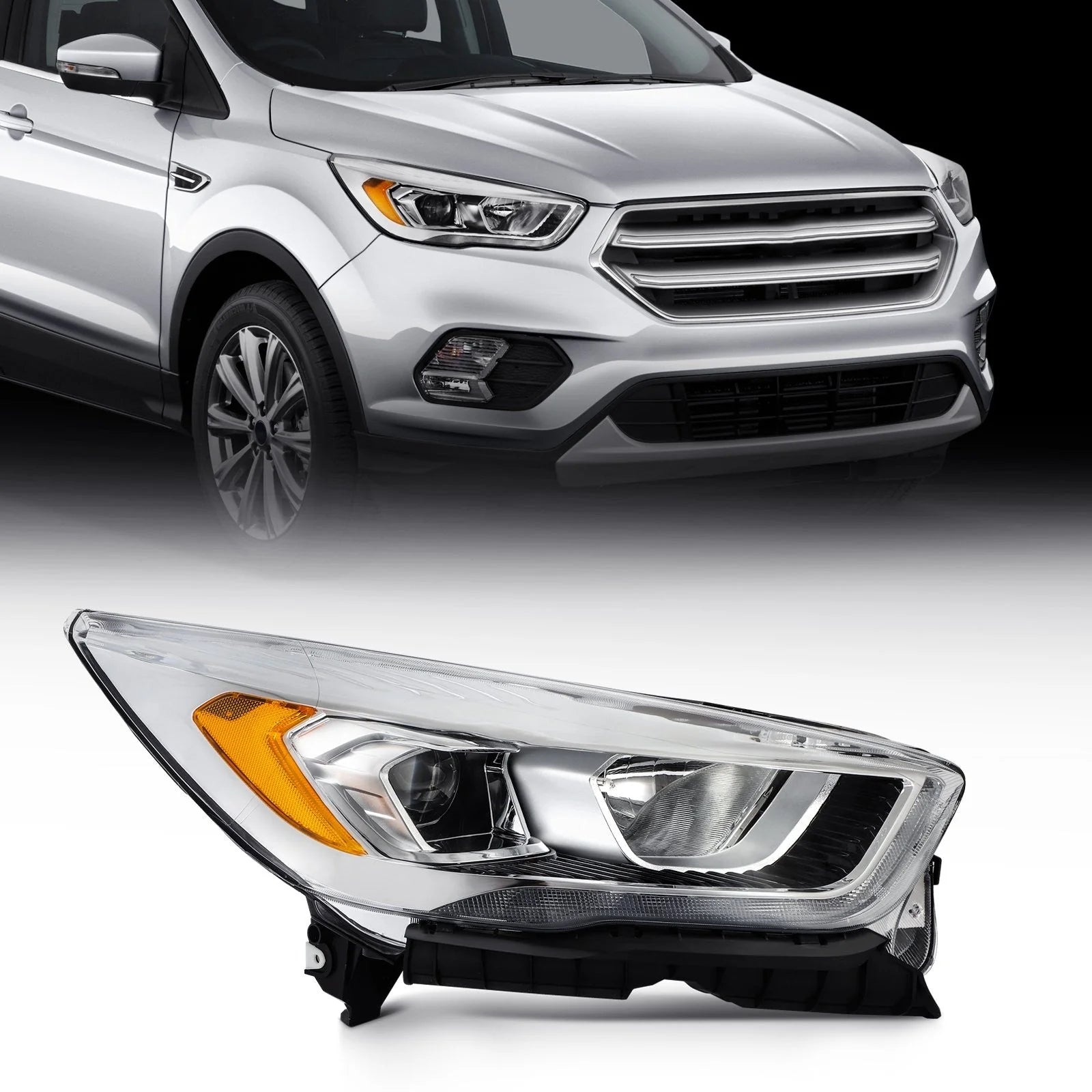 Right Side Headlight For 2017-2019 Ford Escape 1.5L 2.0L 2.5L Chrome Amber 6B93BC-57 [1]