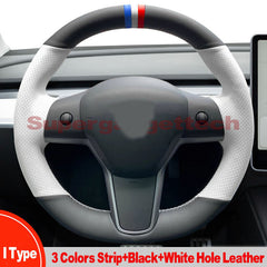 Black&White Leather Steering Wheel Hand Sewing Wrap For Tesla model 3/Y  I Type