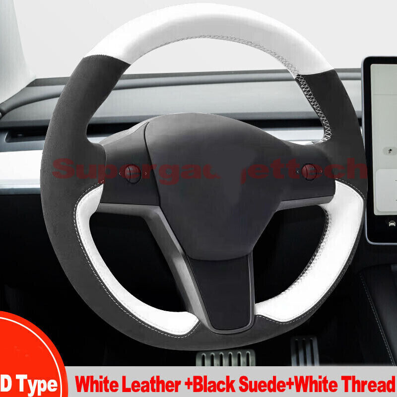 Suede+White Leather Steering Wheel Stitch Wrap Cover For Tesla Model 3 Y D Type