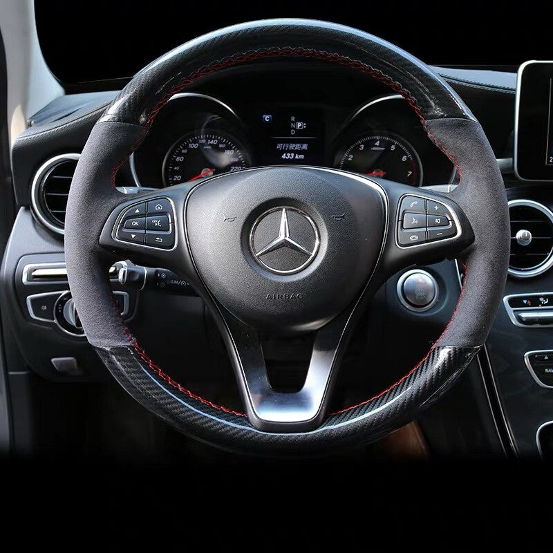 5D Carbon Fiber&Suede Leather Steering Wheel Stitch-on Wrap Cover For Benz C180