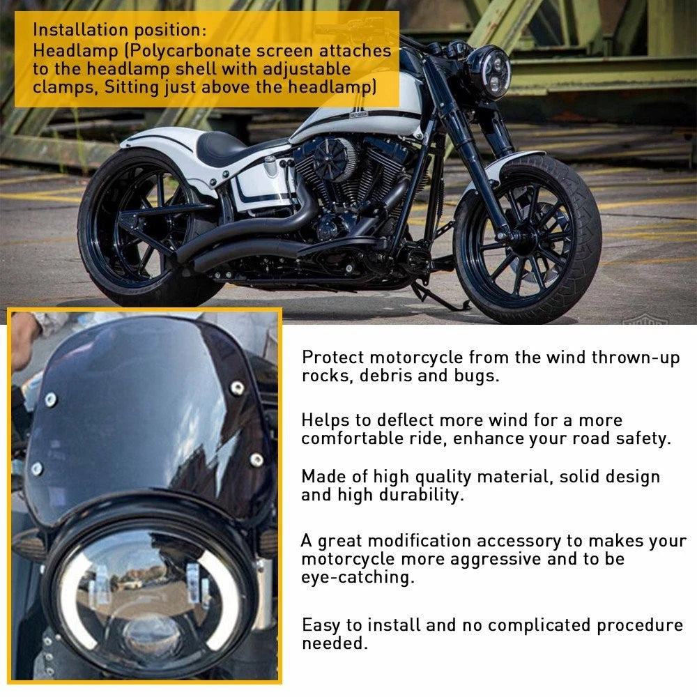 Motorcycle ABS Black Universal Windshield for 5-7" Round Headlight Cafe Racer US 6B93BC-57