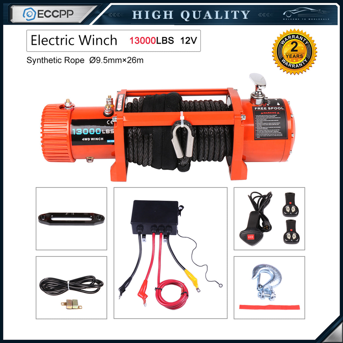 ECCPP 13000LBS Electric Winch Synthetic Rope Waterproof 12V Towing Truck 4WD