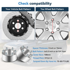 2 Pcs 3" 6x5.5 Wheel Spacers 12x1.5 For Toyota Tacoma Pickup 4Runner FJ Cruiser 6B93BC-57