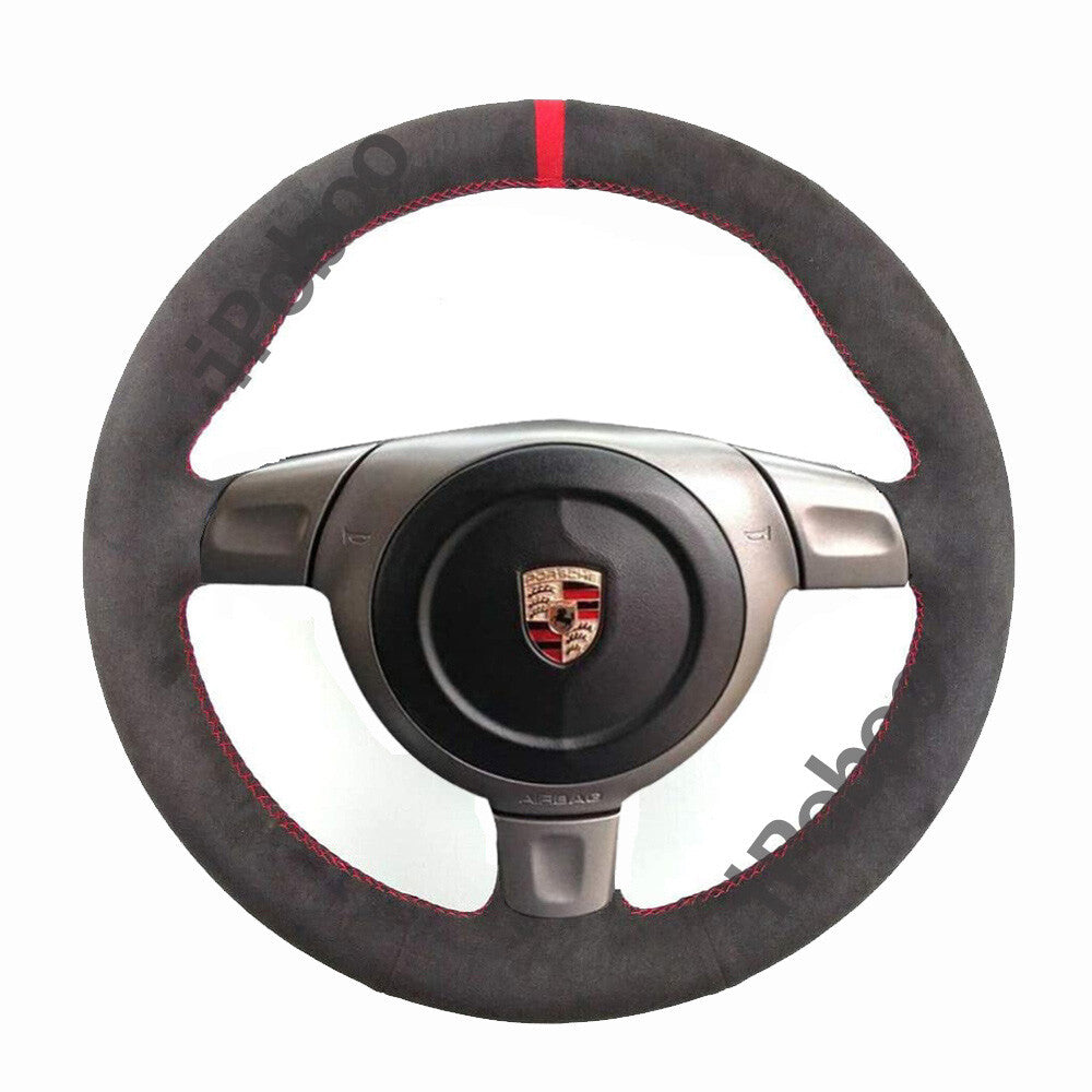 Black Suede Leather Steering Red Stitch Wheel Wrap Cover For Porsche 997 2006-08