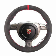 Black Suede Leather Steering Red Stitch Wheel Wrap Cover For Porsche 997 2006-08
