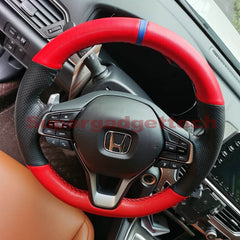 Red&Black Hole Leather Steering Wheel Hand Sewing Wrap Cover For Honda Accord