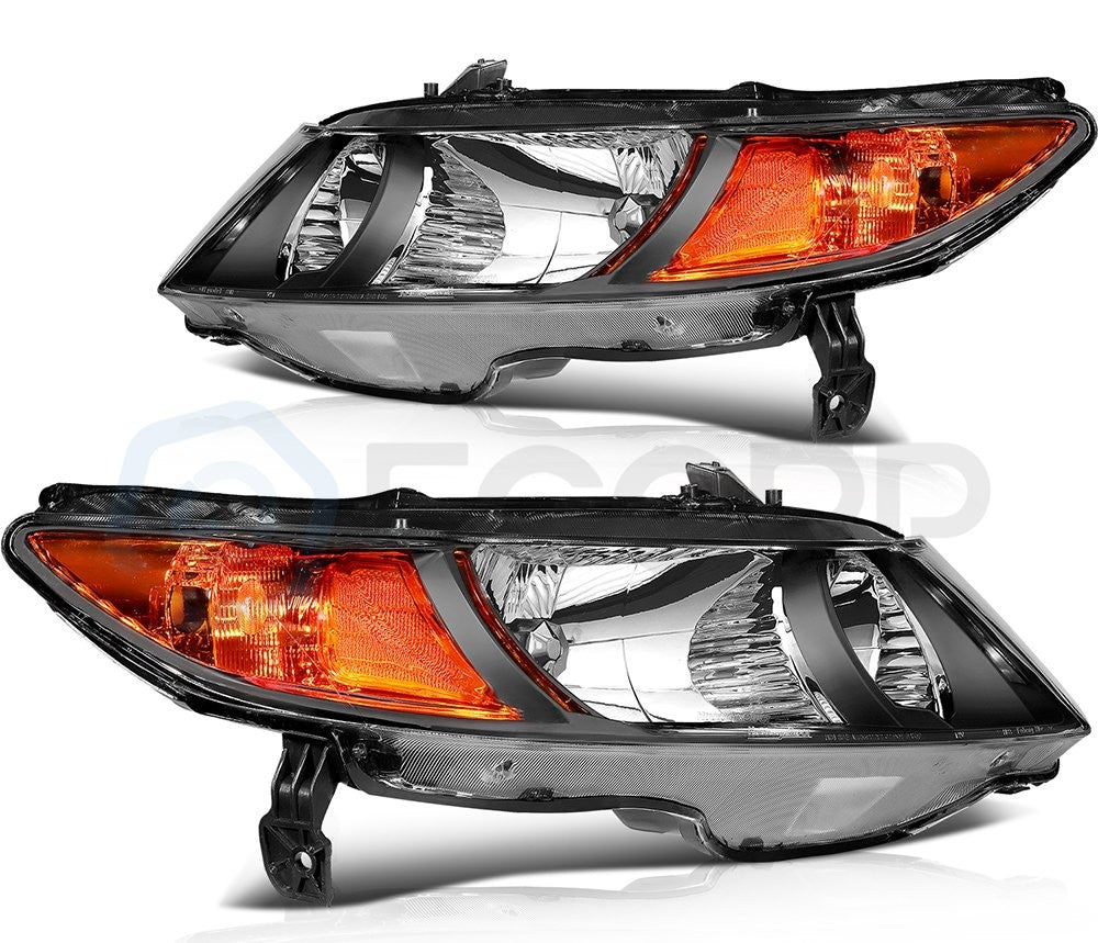 Pair Halogon Headlights Assembly For 2006-2011 Honda Civic 4-Door Black Amber 6B93BC-57