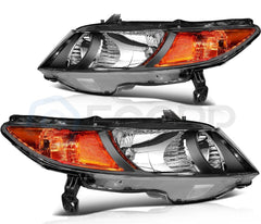 Pair Halogon Headlights Assembly For 2006-2011 Honda Civic 4-Door Black Amber 6B93BC-57