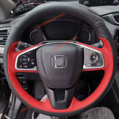 Black&Red Leather Steering Wheel Hand Sewing Wrap Cover For Honda Civic 10th