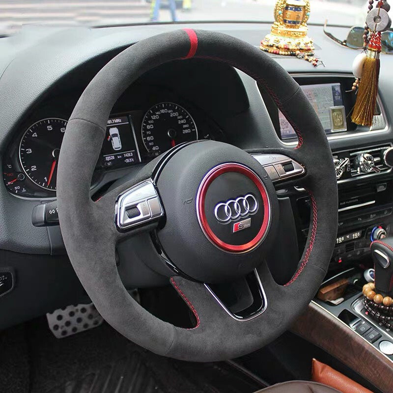 Black Suede Leather Red Stitching Steering Wheel Stitch on Wrap Fit For Audi Q5