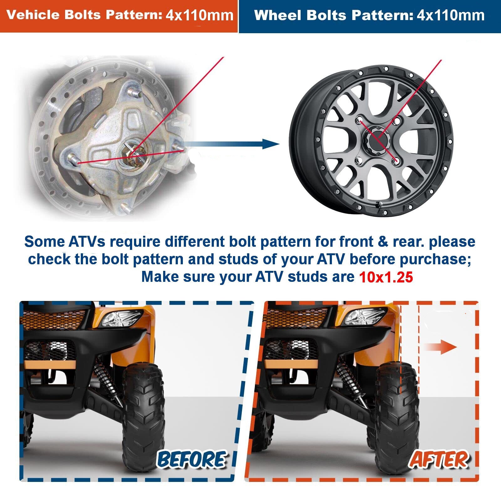 (2) 2" Wheel Spacers 4x110 10x1.25 For Yamaha Rhino Kawasaki Suzuki Honda 4/110 6B93BC-57