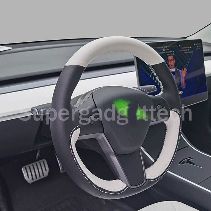 White&Black Leather Steering Wheel White Stitch Wrap Cover For Tesla Model 3 Y
