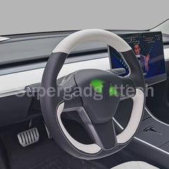 White&Black Leather Steering Wheel White Stitch Wrap Cover For Tesla Model 3 Y