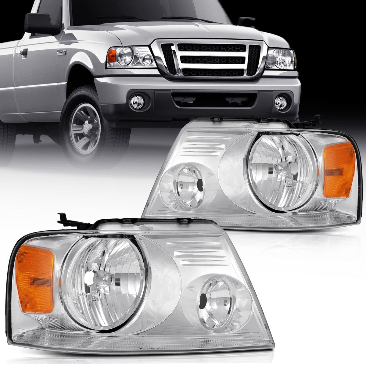 Pair Kit Halogon Headlights Assembly For 2004-2008 Ford F-150 Chrome Amber 6B93BC-57