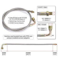 51" Length Hose 4AN Turbo Oil Feed Line Aluminum Alloy 90 Degree Straight 1/8NPT 6B93BC-57
